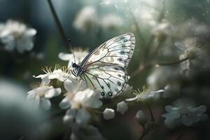 ai gegenereerd bloeiende sakura. Afdeling van bloeiende sakura en helder blauw Morpho vlinder. neurale netwerk ai gegenereerd foto