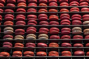 ai gegenereerd reeks van veel smakelijk macarons Purper roze. neurale netwerk ai gegenereerd foto