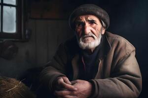 ai gegenereerd portret van een oud mannetje boer met hooi benodigdheden. neurale netwerk ai gegenereerd foto