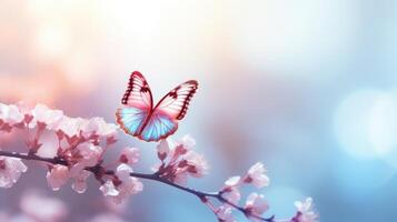 ai gegenereerd voorjaar achtergrond. kers bloesem en vlinder. ai-gegenereerd inhoud. foto