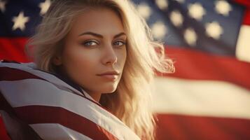 ai gegenereerd mooi jong vrouw onder Verenigde Staten van Amerika vlag. vrouw staand en Holding Amerikaans vlag. neurale netwerk ai gegenereerd foto