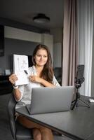 een jong vrouw blogger voert een leerzaam uitzending Aan een laptop in sociaal netwerk in huis werkplek, online onderwijs concept foto