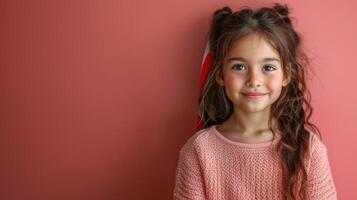 ai gegenereerd portret van een schattig weinig meisje in een roze trui Aan een rood achtergrond met Polen vlag lint in haar. foto