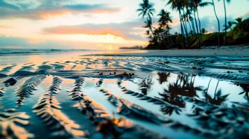 ai gegenereerd een sereen zonsondergang afgietsels warm tinten over- de gevormde zand van een tropisch strand, met palm bomen aftekenen tegen de gloeiend lucht. generatief ai foto