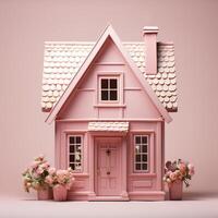 ai gegenereerd schattig roze huis. 3d geven in pastel kleuren foto