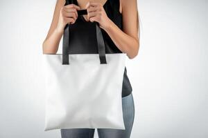 ai gegenereerd vrouw hand- Holding een wit polyester plein tote zak voor mockup . ai gegenereerd beeld foto