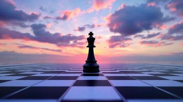 ai gegenereerd koning van schaak stukken Aan de bord. zonsondergang lucht in de achtergrond. horizontaal formaat. kopiëren ruimte. foto