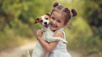 ai gegenereerd een weinig meisje over 5 jaren oud knuffels haar klein hond. een kind wandelingen met een huisdier. kopiëren ruimte. foto