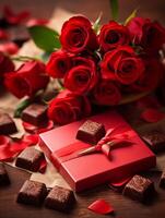 ai gegenereerd elegantie van liefde rood rozen en hartvormig chocolaatjes met geschenk foto