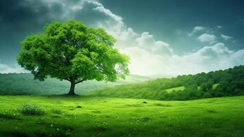 ai gegenereerd een groen boom in een veld- met de zon schijnend Aan het foto