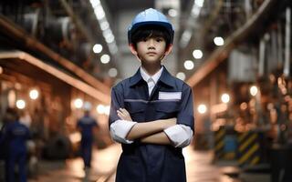 ai gegenereerd kinderen vervelend bouwkunde uniformen in een fabriek controle machinerie toekomst carrière droom concept foto