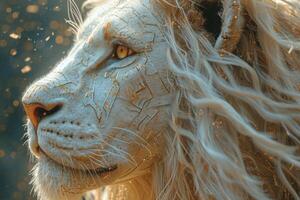 ai gegenereerd portret van een wit leeuw in een veld- in zomer. 3d illustratie foto