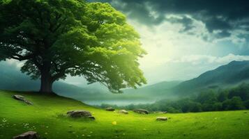 ai gegenereerd een groen boom in een veld- met de zon schijnend Aan het foto