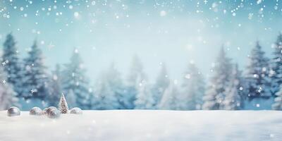 ai gegenereerd Kerstmis ballen, decoraties, sneeuwvlokken in een Woud van pijnboom bomen, Aan ijzig blauw achtergrond gedekt foto