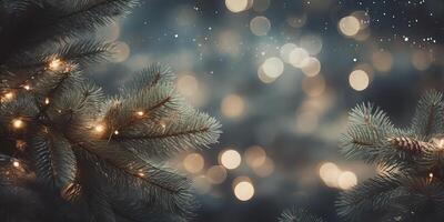 ai gegenereerd Kerstmis vakantie achtergrond met Spar boom en decoraties met Kerstmis feestelijk fee bokeh lichten foto