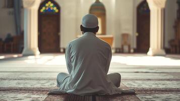 ai gegenereerd terug visie van een moslim Mens bidden in moskee, Ramadan mubarak, Islamitisch concept foto