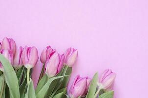 bloemen achtergrond met tulpen bloemen. vlak leggen, top visie. lief groet kaart met tulpen voor moeders dag, bruiloft of gelukkig evenement foto