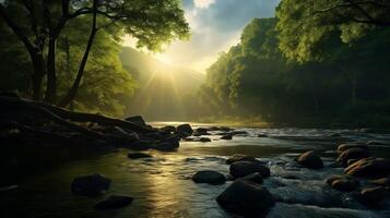 ai gegenereerd een natuurlijk visie van Woud en rivier- met berg achtergrond in de ochtend- met zon straal foto