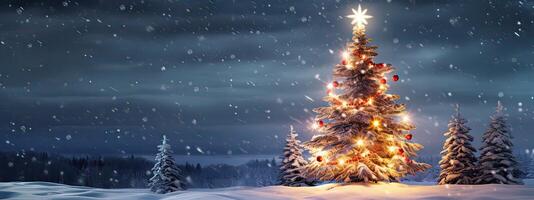 ai gegenereerd verlichte Kerstmis boom onder sneeuwval glinsterende in een winter landschap gedekt met sneeuw Bij foto