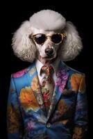 ai gegenereerd wit hond gekleed in een elegant modern s pak met een mooi hoor binden, vervelend zonnebril. mode portret foto