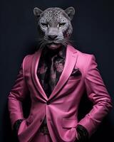 ai gegenereerd panter gekleed in een elegant modern roze pak met een mooi hoor binden. mode portret van een foto