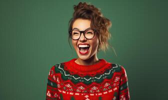 ai gegenereerd vrolijk gelukkig vrouw vervelend een Kerstmis trui, geïsoleerd Aan duidelijk kleur studio achtergrond. nieuw foto