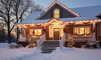ai gegenereerd buitenkant Kerstmis decoraties in de sneeuw, buitenwijk Verenigde Staten van Amerika huis gedekt Kerstmis lichten en feestelijk foto