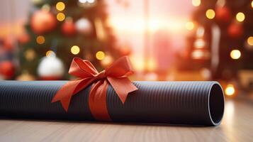 ai gegenereerd dichtbij omhoog van yoga mat met geschenk lint, huis feestelijk versierd fee bokeh lichten, voor kerstmis, nieuw foto