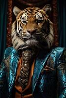 ai gegenereerd tijger gekleed in een elegant modern pak met een mooi hoor binden. mode portret van een antropomorf foto