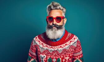 ai gegenereerd studio portret van modern hipster de kerstman claus in Kerstmis lelijk trui, modieus kleren. foto