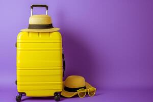 ai gegenereerd klaar voor avontuur helder geel koffer met zomer hoed en zonnebril foto