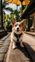 ai gegenereerd schattig corgi hond zit in de keerkring park. concept van zomer vakantie met dieren foto