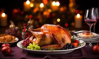 ai gegenereerd Kerstmis of dankzegging feestelijk gebraden kalkoen, gans, traditioneel avondeten met heerlijk kalkoen, foto