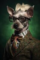 ai gegenereerd hond, yorkshire, gekleed in een elegant modern pak met een mooi hoor binden. mode portret van een foto