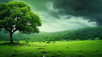 ai gegenereerd een groen boom in een veld- met de zon schijnend Aan het foto