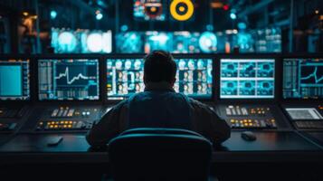 ai gegenereerd ingenieur in controle kamer met gloeiend monitoren en panelen Bij nacht foto