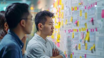 ai gegenereerd team van project managers in kaart brengen uit taken en deadlines Aan whiteboard met kleverig aantekeningen foto