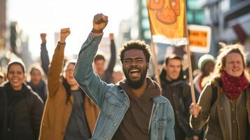 ai gegenereerd activisten Holding banners en zingen slogans in een straat maart voor sociaal verandering foto