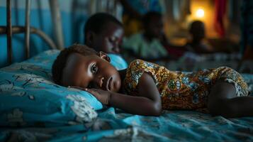 ai gegenereerd malaria kind Aan ziekenhuis bed met familie en nachtkastje lamp foto