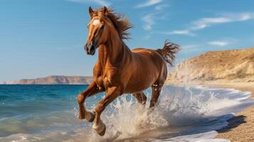 ai gegenereerd foto van bruin paard galopperen Aan de strand achtergrond