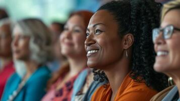 ai gegenereerd professionals zwart vrouw aan het leren financieel geletterdheid Bij congres foto