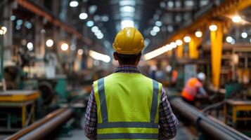 ai gegenereerd veiligheid inspectie door industrieel ingenieur in een bezig fabriek met machinerie en transportband riemen foto