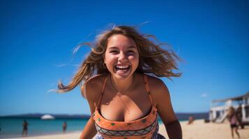 ai gegenereerd een mollig tiener- meisje gelukkig genieten van haarzelf Aan een zonnig strand gedurende een warm dag. meisje Aan de strand in de zomer. op reis alleen concept, gelukkig moment. foto