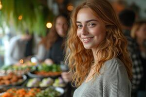 ai gegenereerd een vrouw is glimlachen gelukkig terwijl hebben lunch Bij een milieuvriendelijk werkplek, verschillend mensen een de kantoor feest. foto