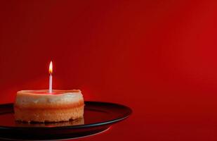 ai gegenereerd een verjaardag taart en kaars, met een verjaardag bericht Aan een rood achtergrond, licht rood en karmozijn foto