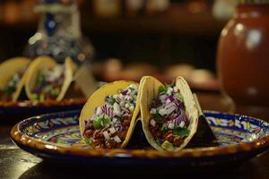 ai gegenereerd Mexicaans taco's met rundvlees, tomaten, uien en anderen Aan wit achtergrond foto