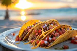 ai gegenereerd Mexicaans taco's met rundvlees, tomaten, uien en anderen Aan wit achtergrond foto