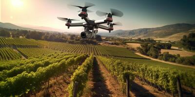 ai gegenereerd een dar vliegend over- een wijngaard, slim tech gebruikt voor toezicht houden de velden in landbouw, automatisering foto