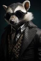ai gegenereerd wasbeer gekleed in een gewoontjes modern pak. mode portret van een antropomorf dier poseren met een foto