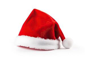 ai gegenereerd een feestelijk rood de kerstman hoed met een wit POM Pom, kerstmis, vakantie, geïsoleerd, wit achtergrond foto